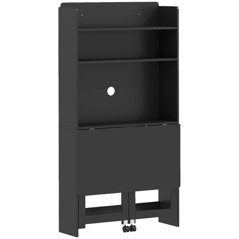 Mesa de Computador com Prateleiras de Armazenamento Tampo Dobrável 2 Rodízios para Quarto Sala 80x69x155 cm Preto