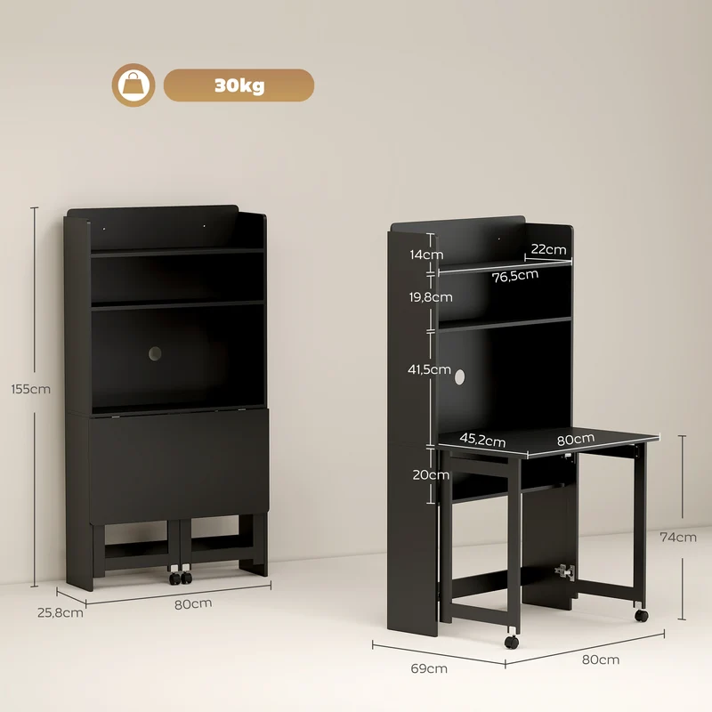 Mesa de Computador com Prateleiras de Armazenamento Tampo Dobrável 2 Rodízios para Quarto Sala 80x69x155 cm Preto