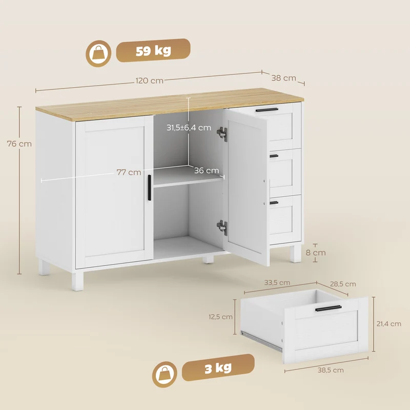 Aparador Moderno com Portas Fecho Suave Armário para Bar de Café com 3 Gavetas e Prateleira Ajustável Branco