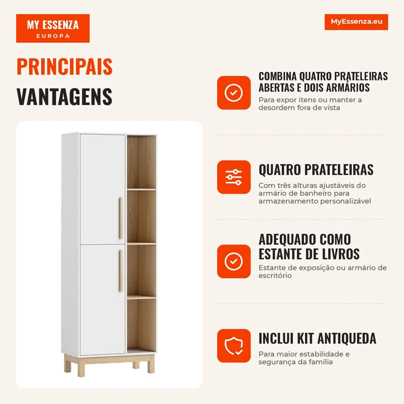 Estante de 176 cm 4 Prateleiras Abertas 2 Armários Estante Independente MDF Branco