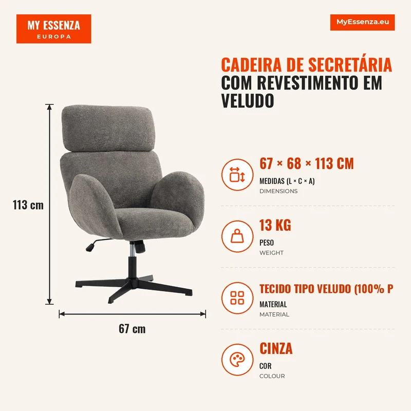 Cadeira de Secretária com Revestimento em Veludo Encosto Alto Regulável em Altura Cadeira Giratória com Função de Balanço Cinza