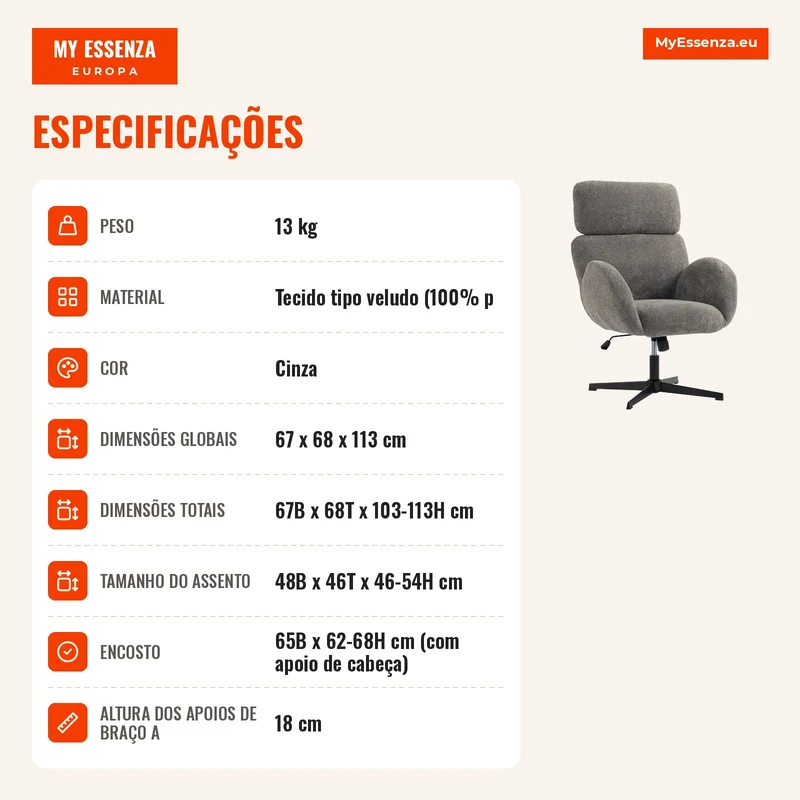 Cadeira de Secretária com Revestimento em Veludo Encosto Alto Regulável em Altura Cadeira Giratória com Função de Balanço Cinza