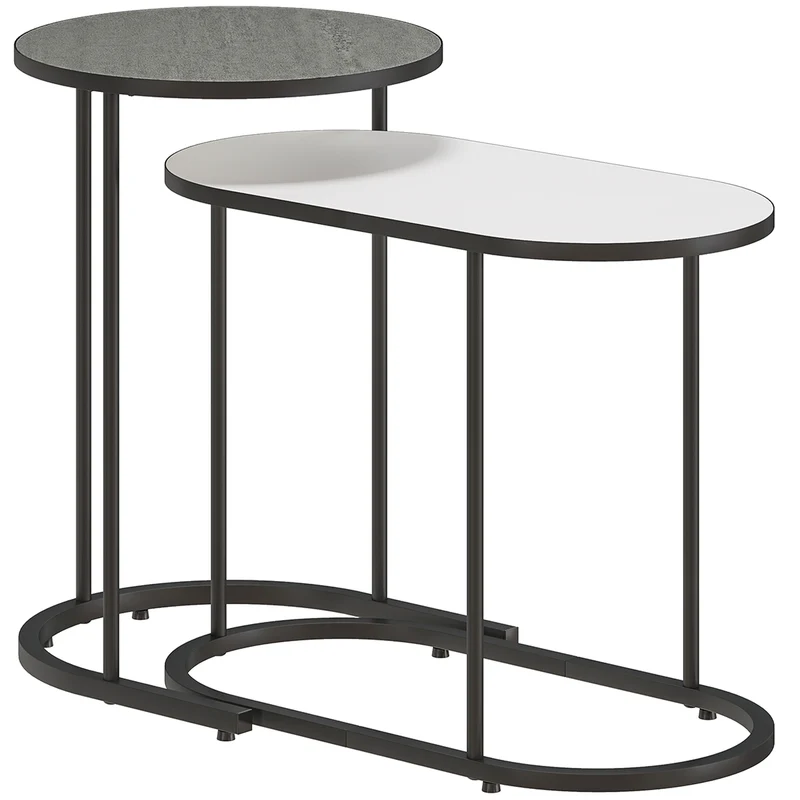 Conjunto de 2 Mesas Ninho Mesas de Apoio Empilháveis Estilo Contemporâneo Estrutura Metálica Cinza e Branco