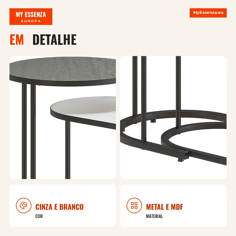 Conjunto de 2 Mesas Ninho Mesas de Apoio Empilháveis Estilo Contemporâneo Estrutura Metálica Cinza e Branco