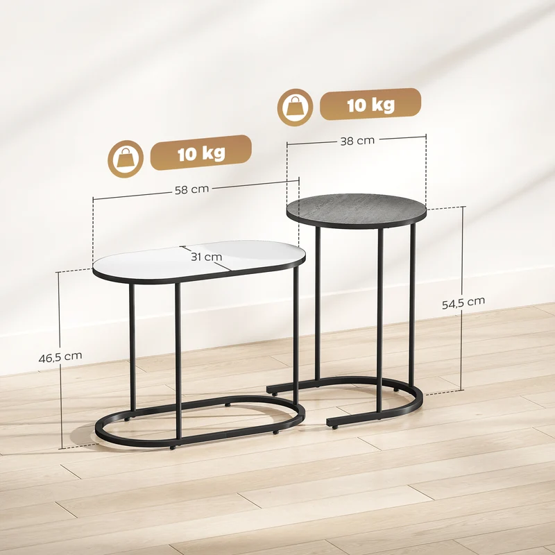 Conjunto de 2 Mesas Ninho Mesas de Apoio Empilháveis Estilo Contemporâneo Estrutura Metálica Cinza e Branco