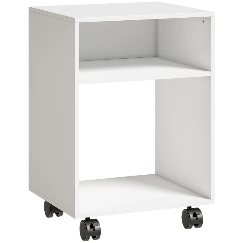 Móvel para Impressora em Madeira com Rodízios com Travão e 2 Compartimentos Abertos 40x35x55 cm para Escritório/Estúdio Branco