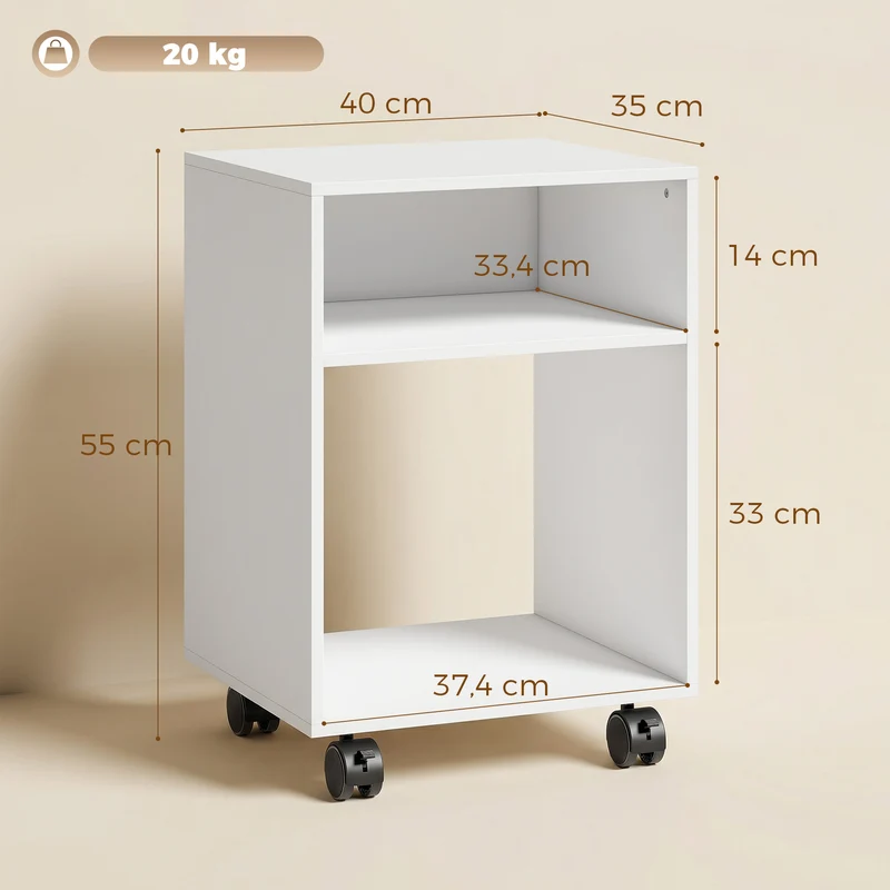 Móvel para Impressora em Madeira com Rodízios com Travão e 2 Compartimentos Abertos 40x35x55 cm para Escritório/Estúdio Branco