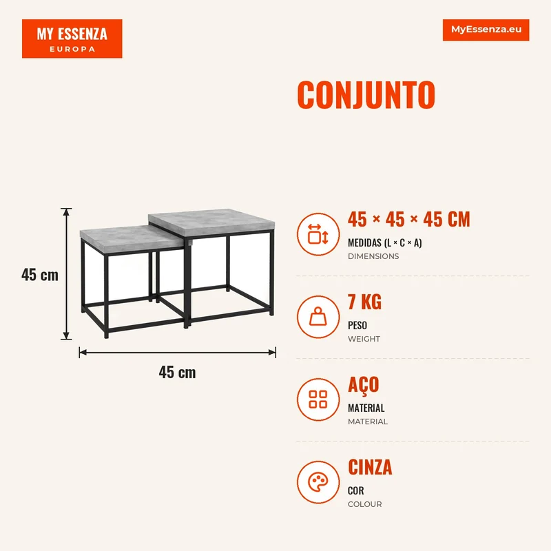 Conjunto de 2 Mesas de Centro Mesas de Apoio Quadradas Mesas de Sala Estrutura em Aço e Tampos em Madeira Cinza