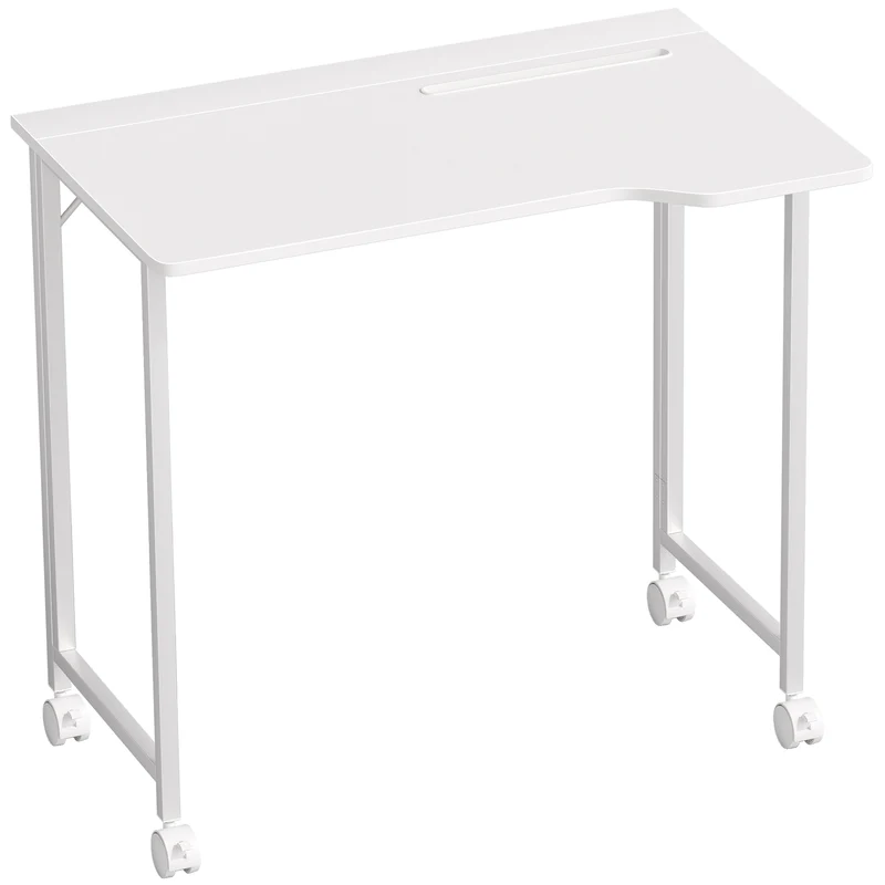 Secretária Mesa de Computador Dobrável Mesa de Escritório Economizadora de Espaço com Rodízios Ranhura para Dispositivos 80x52x75 cm Branco