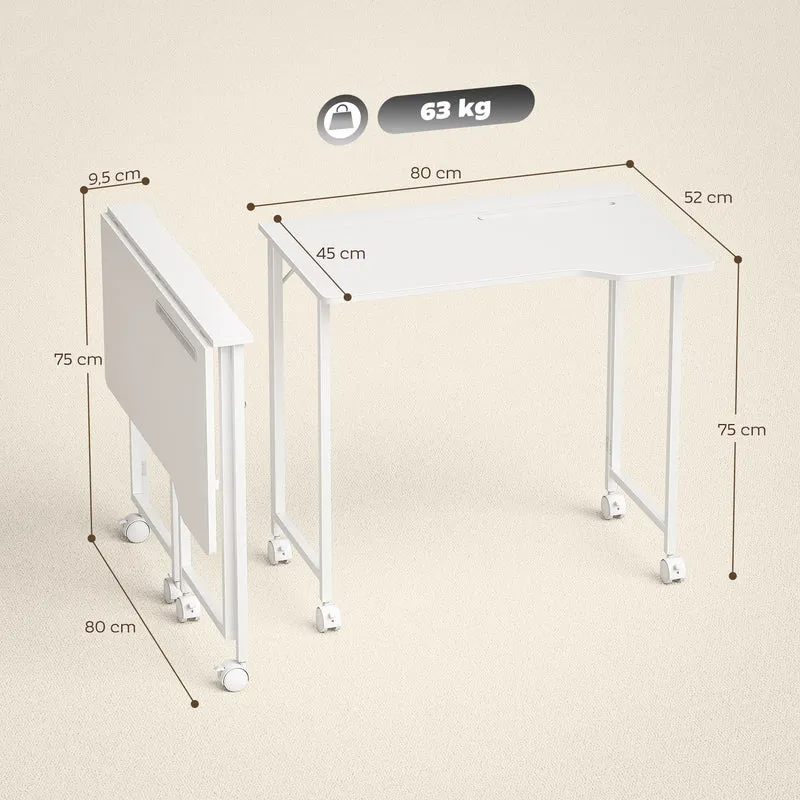 Secretária Mesa de Computador Dobrável Mesa de Escritório Economizadora de Espaço com Rodízios Ranhura para Dispositivos 80x52x75 cm Branco