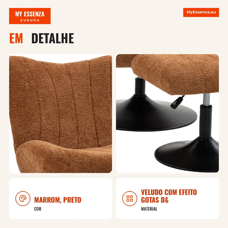 Poltrona de Sala com Apoio para os Pés Regulável Poltrona de Apoio Capitoneada em Veludo Efeito Gotas D'Água Castanho