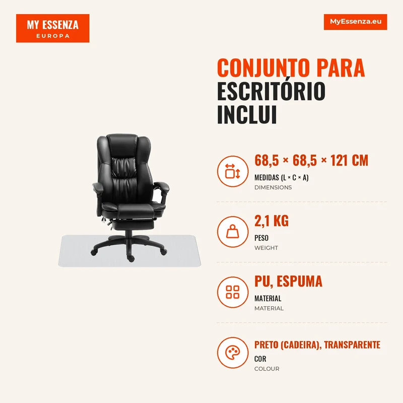 Conjunto para Escritório Inclui 1 Cadeira com 6 Pontos de Massagem 68,5x68,5x113-121 cm e 1 Tapete Protetor Preto e Transparente