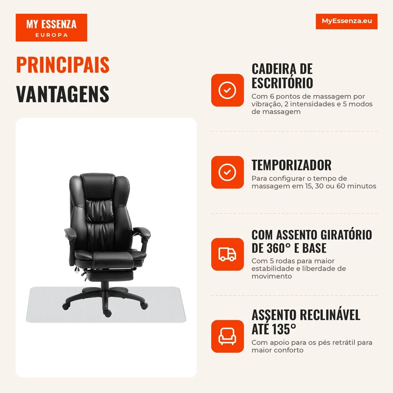 Conjunto para Escritório Inclui 1 Cadeira com 6 Pontos de Massagem 68,5x68,5x113-121 cm e 1 Tapete Protetor Preto e Transparente