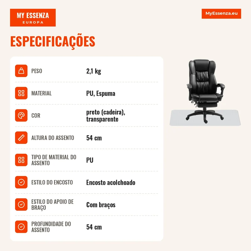 Conjunto para Escritório Inclui 1 Cadeira com 6 Pontos de Massagem 68,5x68,5x113-121 cm e 1 Tapete Protetor Preto e Transparente