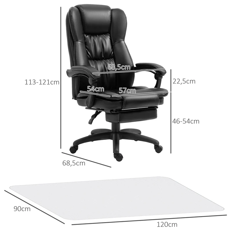 Conjunto para Escritório Inclui 1 Cadeira com 6 Pontos de Massagem 68,5x68,5x113-121 cm e 1 Tapete Protetor Preto e Transparente