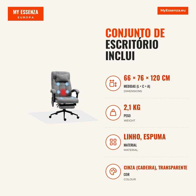 Conjunto de Escritório Inclui 1 Cadeira de Massagem Reclinável 66x76x112-120 cm e 1 Tapete Protetor 90x120 cm Cinza e Transparente