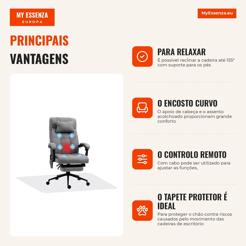 Conjunto de Escritório Inclui 1 Cadeira de Massagem Reclinável 66x76x112-120 cm e 1 Tapete Protetor 90x120 cm Cinza e Transparente