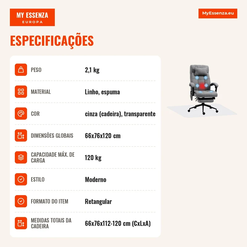 Conjunto de Escritório Inclui 1 Cadeira de Massagem Reclinável 66x76x112-120 cm e 1 Tapete Protetor 90x120 cm Cinza e Transparente