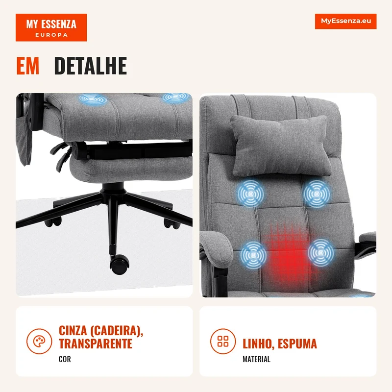 Conjunto de Escritório Inclui 1 Cadeira de Massagem Reclinável 66x76x112-120 cm e 1 Tapete Protetor 90x120 cm Cinza e Transparente