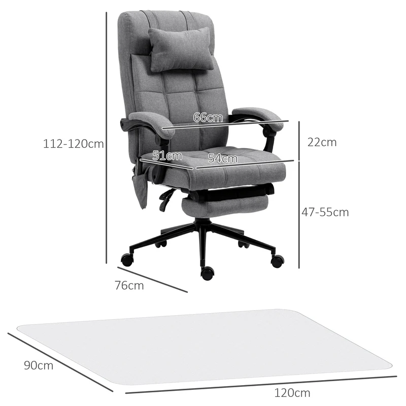 Conjunto de Escritório Inclui 1 Cadeira de Massagem Reclinável 66x76x112-120 cm e 1 Tapete Protetor 90x120 cm Cinza e Transparente