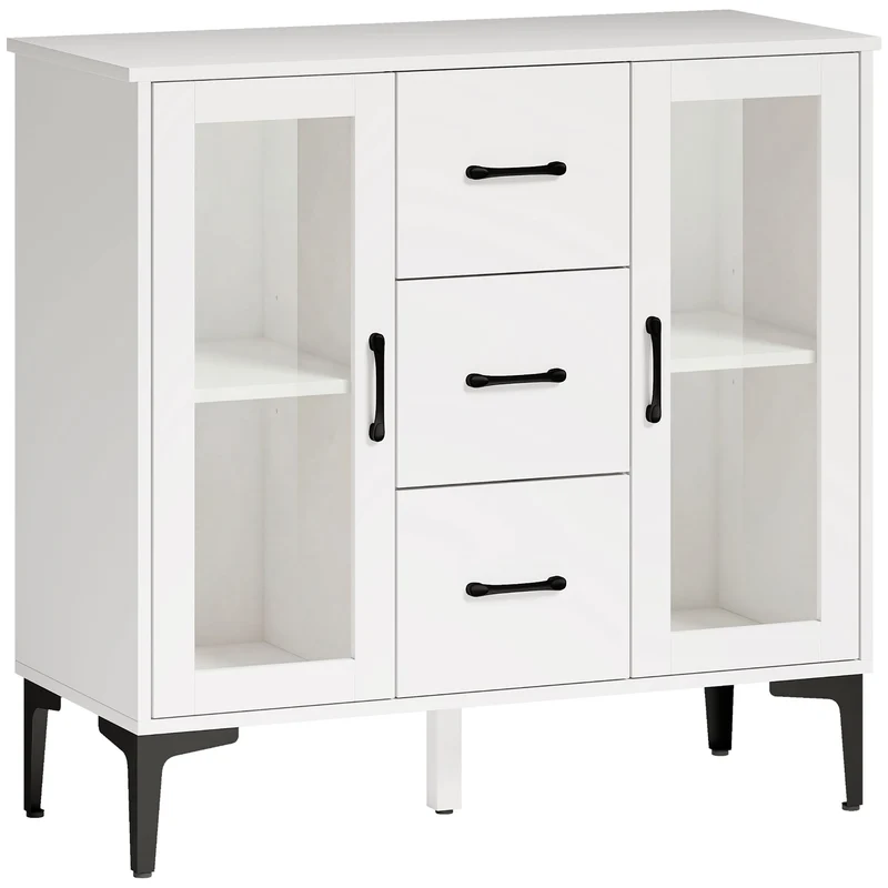 Aparador moderno com portas soft-close, armário buffet com 3 gavetas, 2 portas de vidro, prateleiras ajustáveis, MDF, branco