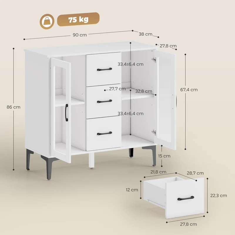 Aparador moderno com portas soft-close, armário buffet com 3 gavetas, 2 portas de vidro, prateleiras ajustáveis, MDF, branco