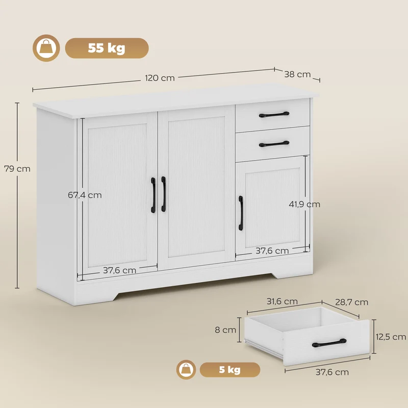 Aparador com 2 Gavetas Moderno Armário de Armazenamento Prateleira Ajustável e 3 Portas Branco