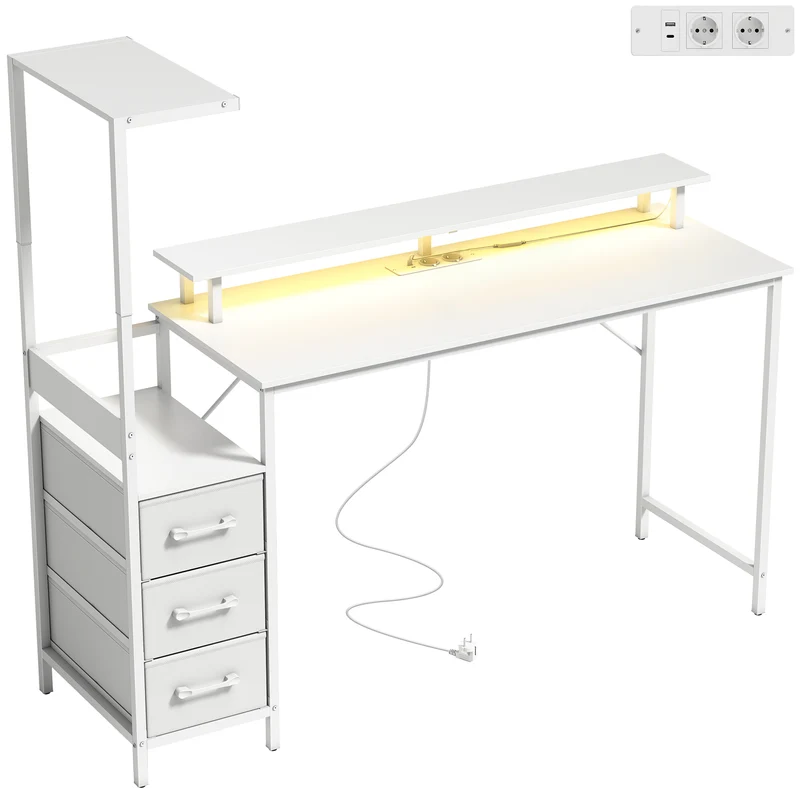 Mesa Gaming 147 cm Mesa para Computador com Suporte para CPU Ajustável e Reversível Luzes RGB e 3 Gavetas em Tecido Branco