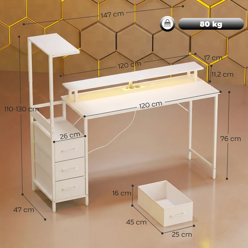 Mesa Gaming 147 cm Mesa para Computador com Suporte para CPU Ajustável e Reversível Luzes RGB e 3 Gavetas em Tecido Branco