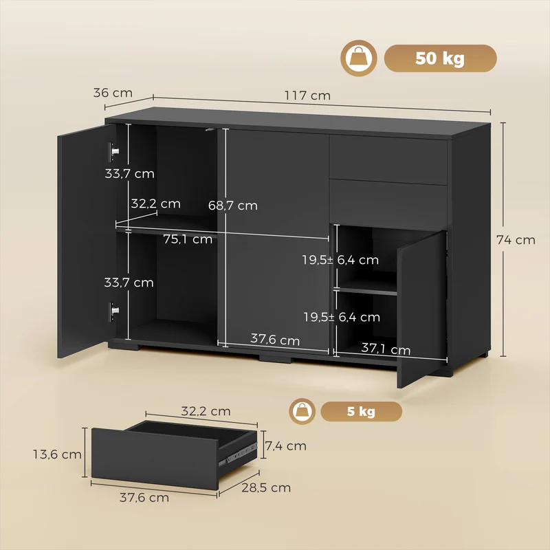 Aparador Móvel de Arrumação 2 Gavetas Deslizantes 3 Portas Prateleira Ajustável Painéis de Partículas 117x36x74 cm Preto