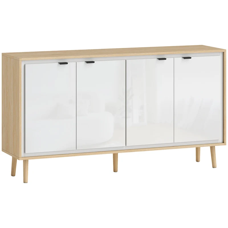 Aparador de Alto Brilho Móvel de Arrumação com 4 Portas Prateleiras Ajustáveis 141x35x77 cm Branco e Carvalho