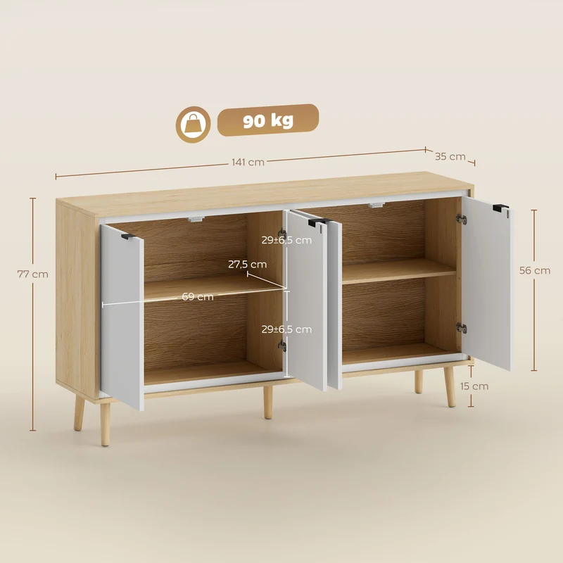 Aparador de Alto Brilho Móvel de Arrumação com 4 Portas Prateleiras Ajustáveis 141x35x77 cm Branco e Carvalho