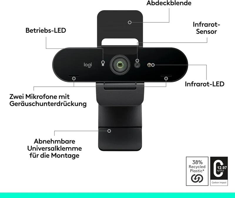Logitech Brio 4K Webcam, Videogespräche, Mikrofon mit Geräuschunterdrückung, automatische HD-Belicht