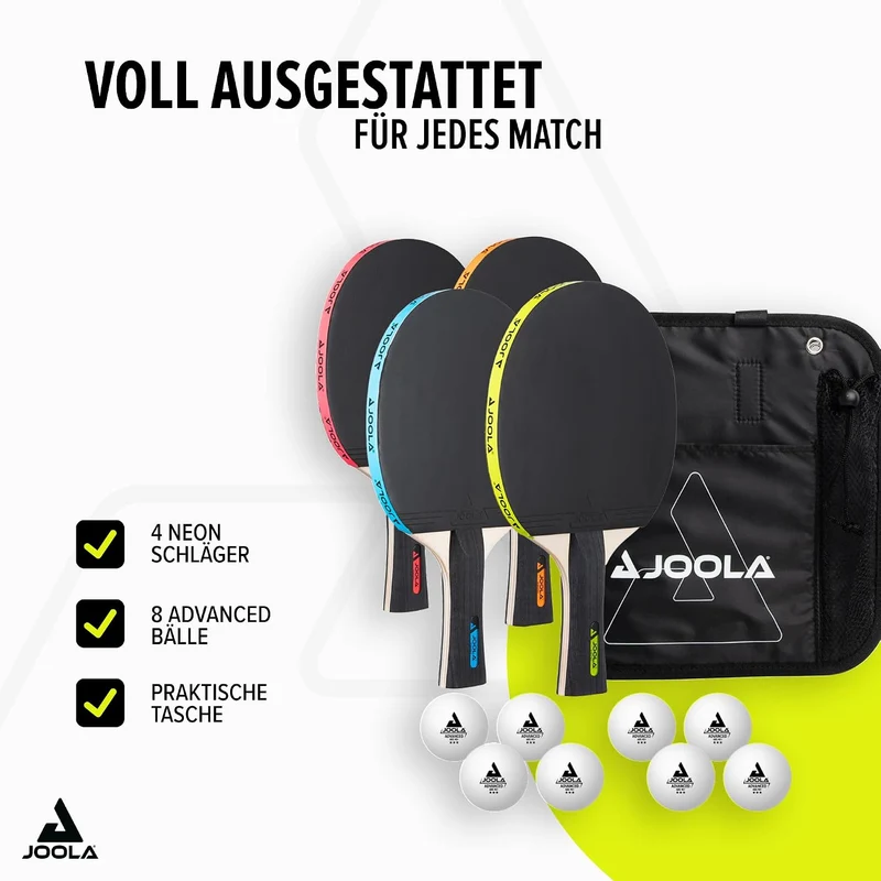 JOOLA Tischtennis Set, Tischtennis-Set mit 4 Tischtennisschlägern, Tischtennisbällen und Tragetasche