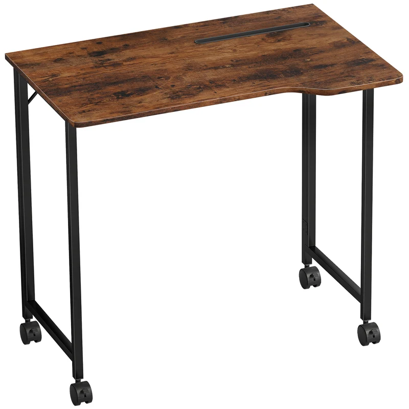 Secretária Dobrável 80x52 cm Secretária de Computador com Rodas e Ranhura para Dispositivo Montagem Fácil Castanho