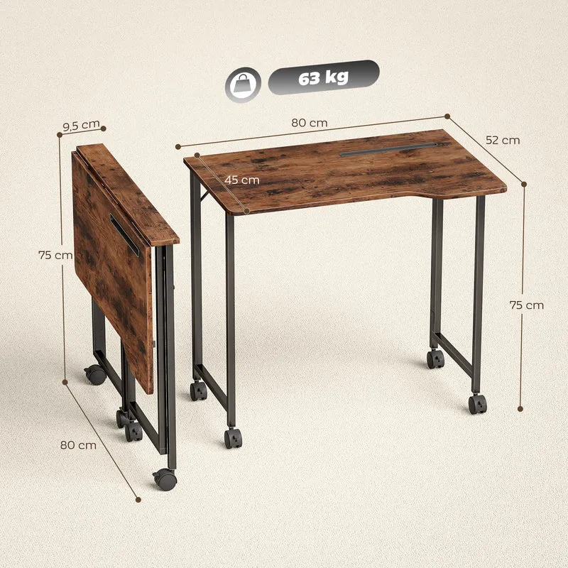 Secretária Dobrável 80x52 cm Secretária de Computador com Rodas e Ranhura para Dispositivo Montagem Fácil Castanho