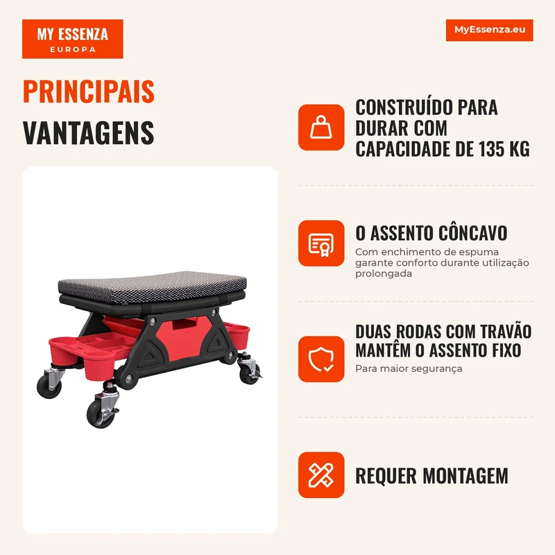 Banco de Oficina Móvel 135 Kg Assento Mecânico 360° com Rodízios 64,5x33x35 cm Preto