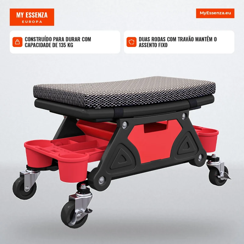 Banco de Oficina Móvel 135 Kg Assento Mecânico 360° com Rodízios 64,5x33x35 cm Preto