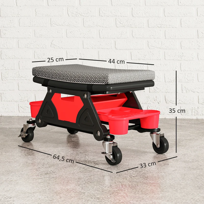 Banco de Oficina Móvel 135 Kg Assento Mecânico 360° com Rodízios 64,5x33x35 cm Preto