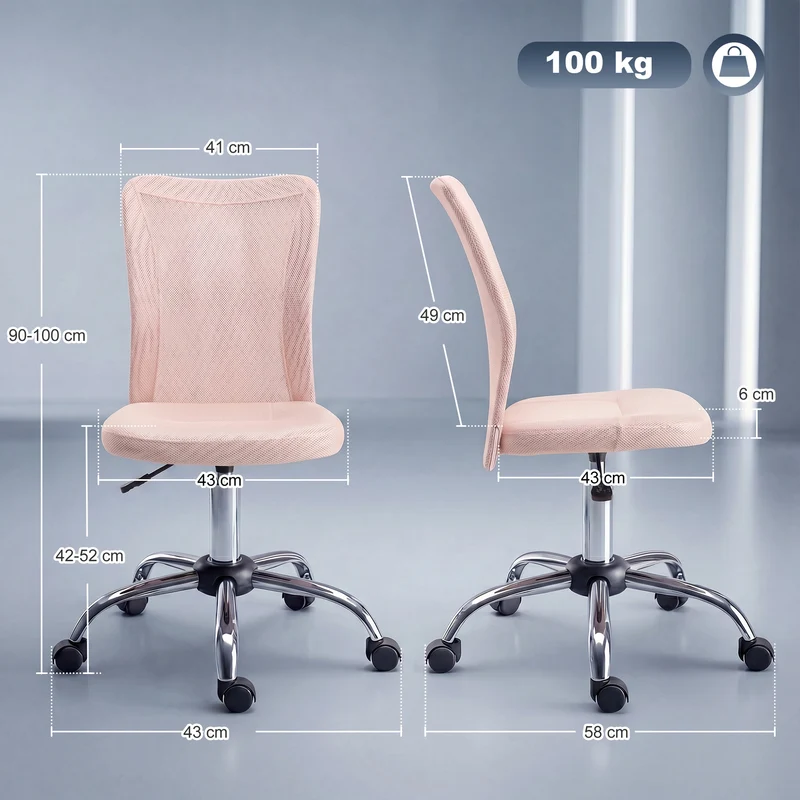 Cadeira de Escritório Ergonómica Giratória Sem Braços em Tecido de Rede Respirável, Altura Regulável, Rosa