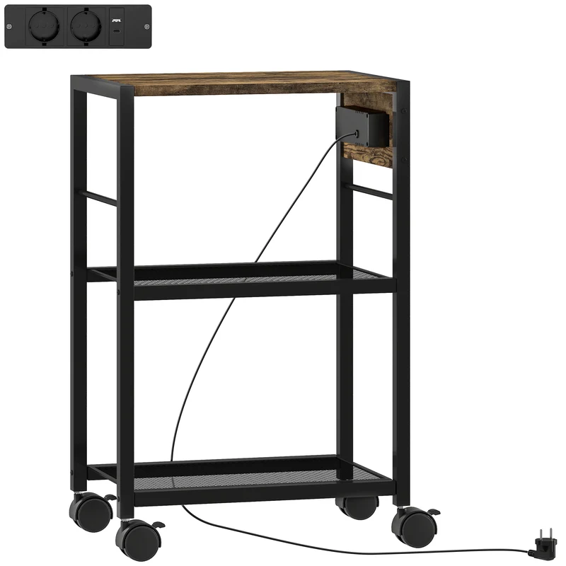 Suporte para Impressora Estante com Rodízios Tomadas Portas USB e USB-C até 40 kg Castanho Rústico