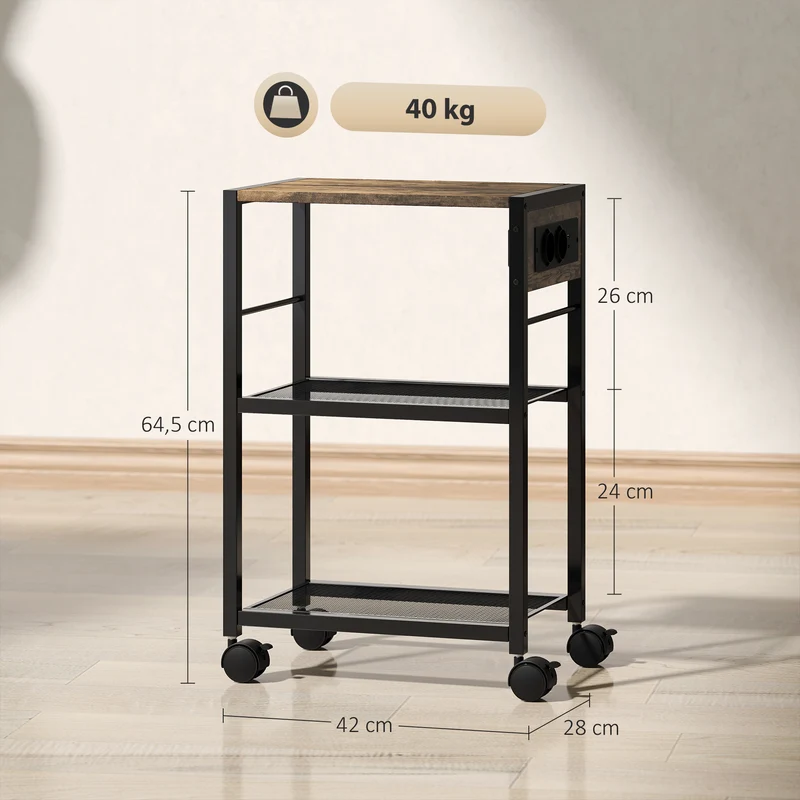Suporte para Impressora Estante com Rodízios Tomadas Portas USB e USB-C até 40 kg Castanho Rústico