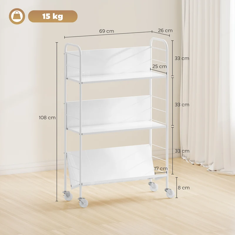 Estante de Armazenamento com 3 Níveis, Rodízios, Estante para Brinquedos para Quarto, 69 x 26 x 108 cm, Branco