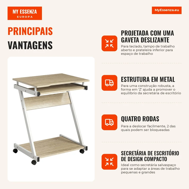 Secretária para Computador com 4 Rodas Bandeja Deslizante para Teclado Cor Carvalho