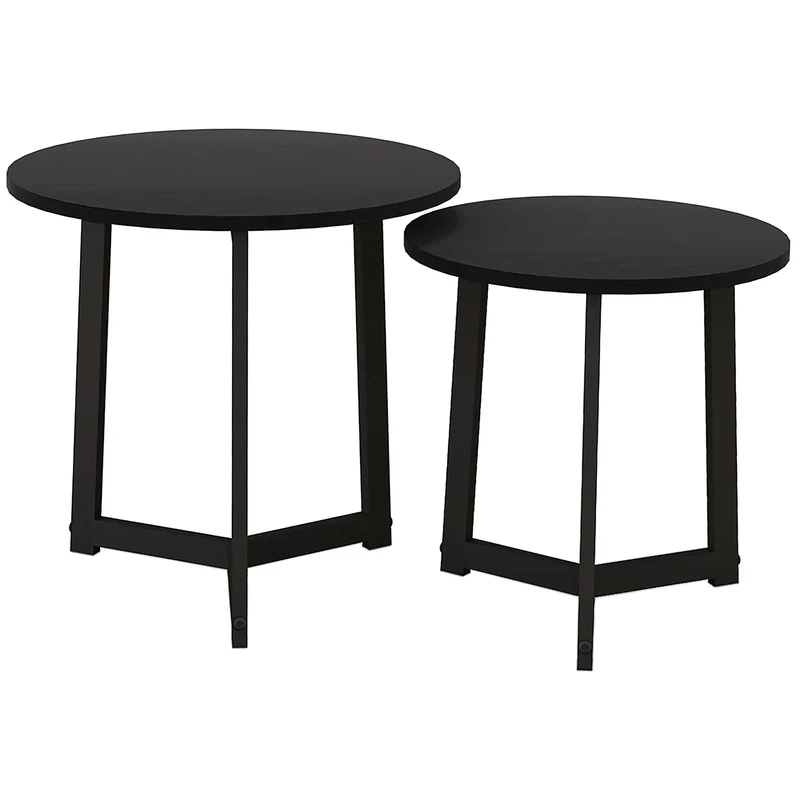 Mesa de centro moderna em conjunto de 2, estrutura metálica, MDF, design redondo, encaixável, preto