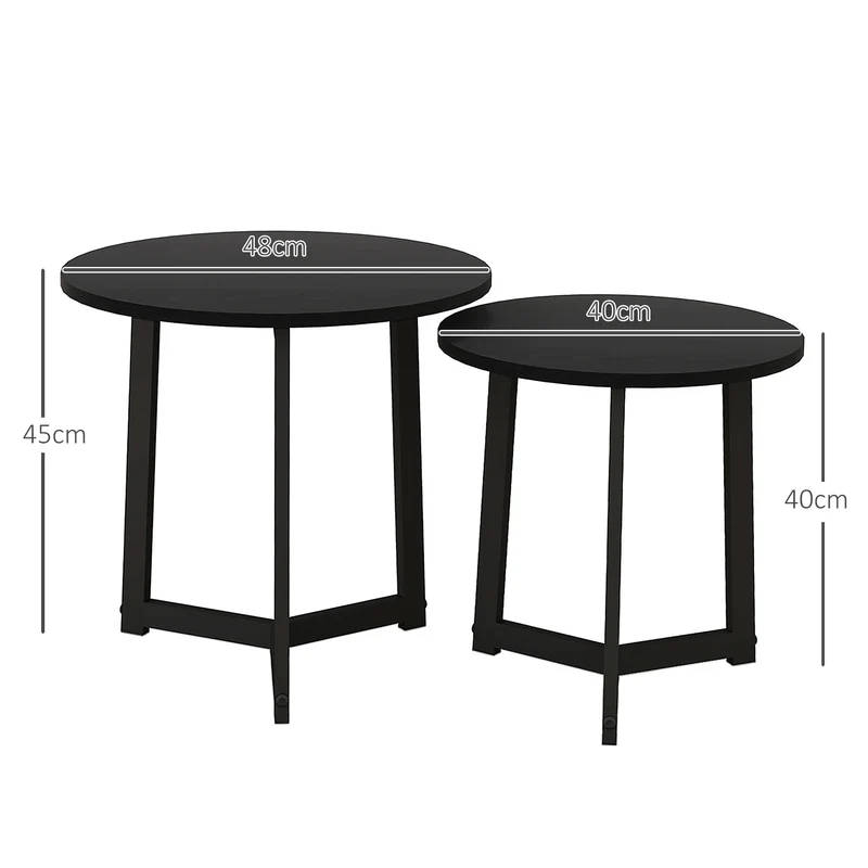 Mesa de centro moderna em conjunto de 2, estrutura metálica, MDF, design redondo, encaixável, preto