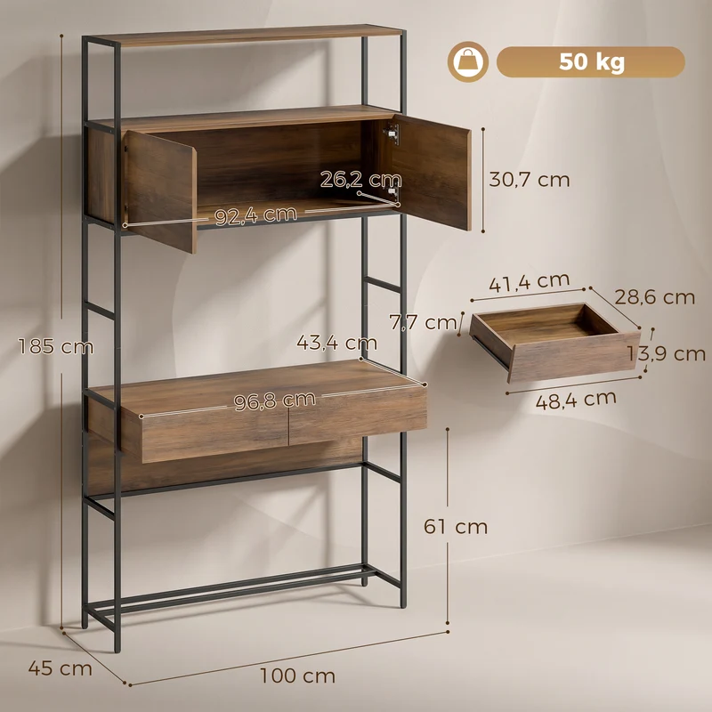 Secretária para Computador com Prateleiras e 2 Gavetas para Escritório Casa 185 cm de Altura Efeito Madeira Castanha