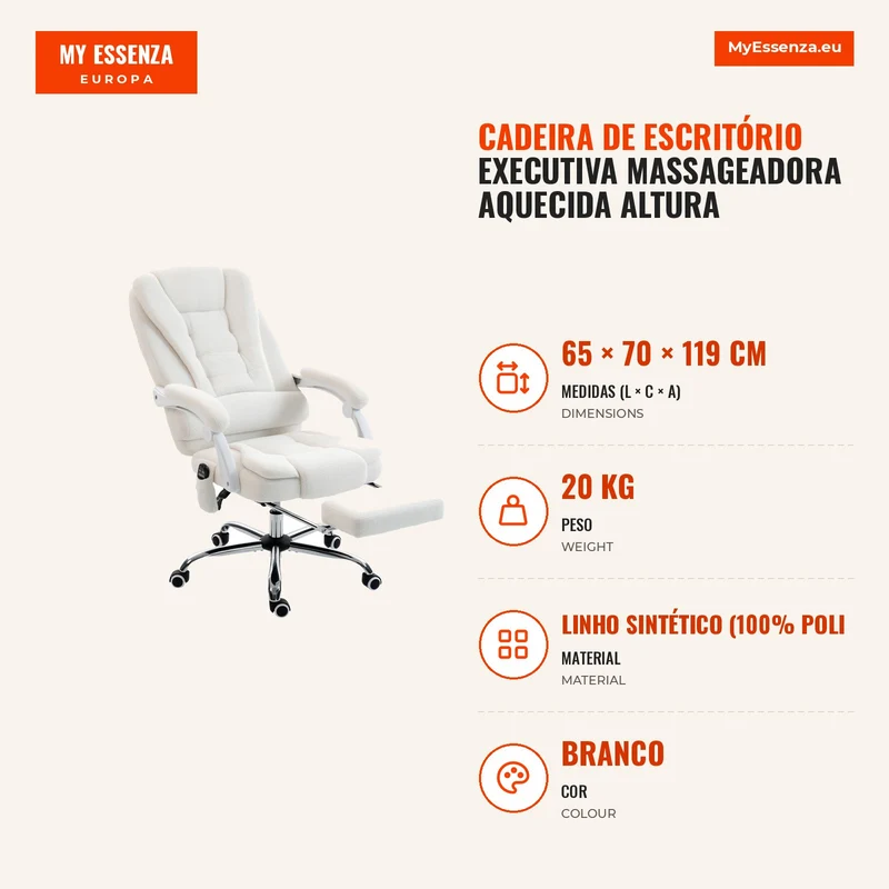 Cadeira de Escritório Executiva Massageadora Aquecida Altura Ajustável Encosto Reclinável Tecido de Linho Branco