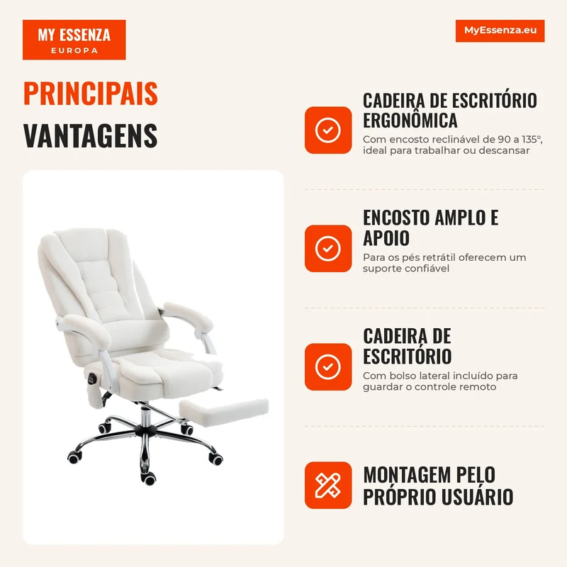 Cadeira de Escritório Executiva Massageadora Aquecida Altura Ajustável Encosto Reclinável Tecido de Linho Branco