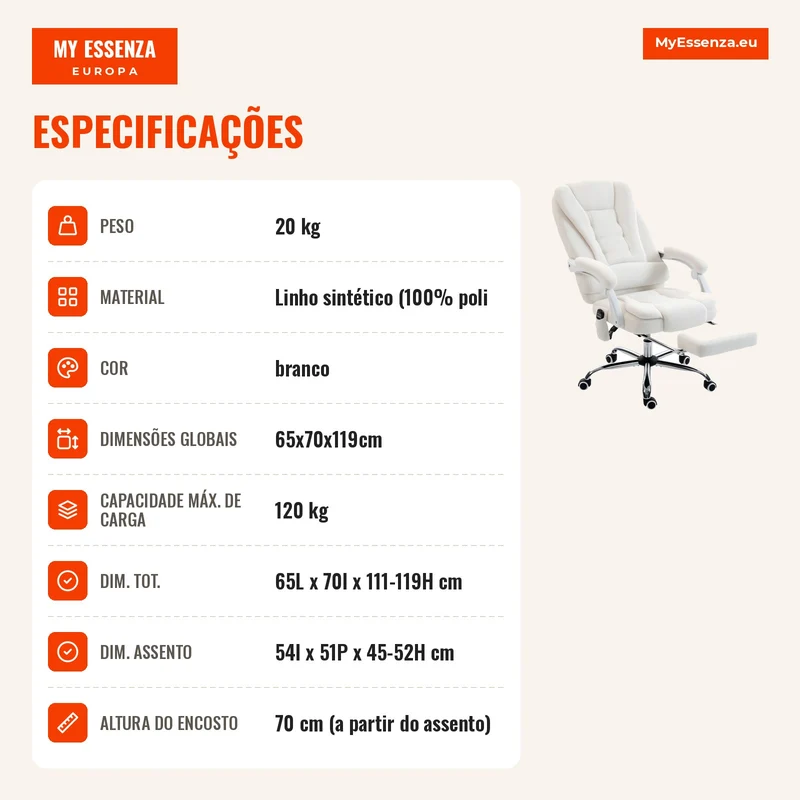 Cadeira de Escritório Executiva Massageadora Aquecida Altura Ajustável Encosto Reclinável Tecido de Linho Branco